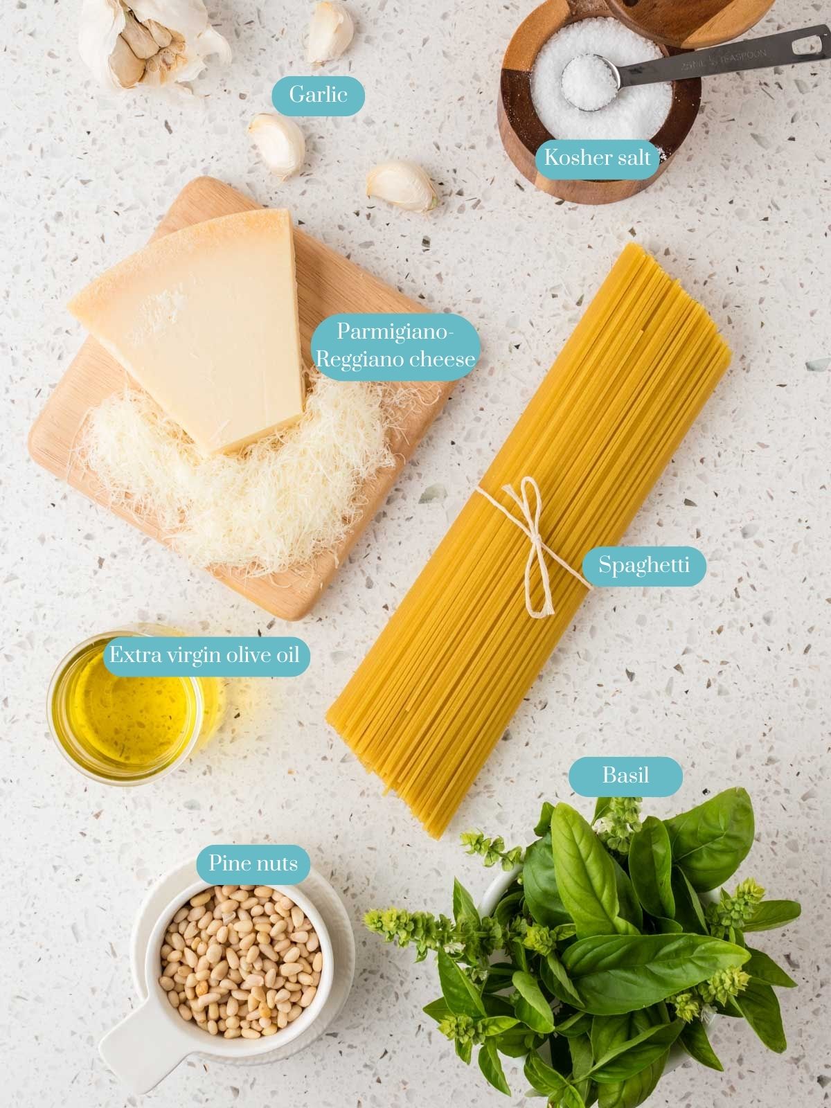 Ingredients for Basil Pesto Pasta which include fresh basil leaves, pine nuts, garlic, freshly grated Parmigiano-Reggiano cheese, extra virgin olive oil, kosher salt, and spaghetti noodles.