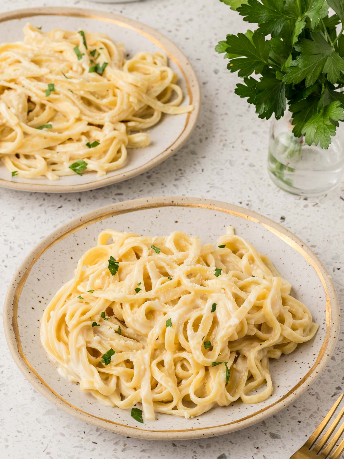 Fettucine alfredo on two gold rimmed plates surrounded by a gold fork and some fresh parsley in a jar with water.