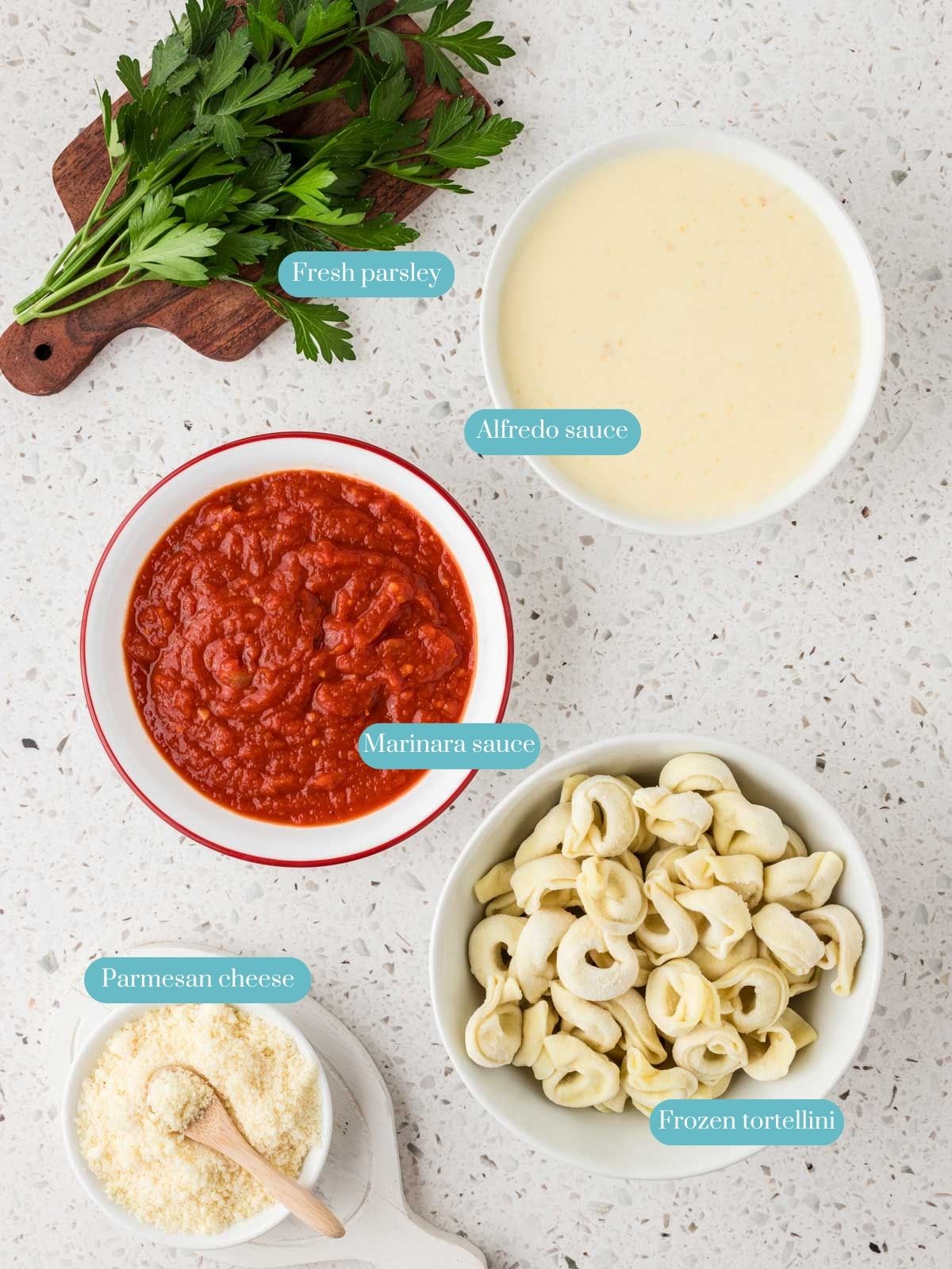 Overhead view of ingredients for Creamy Tomato Tortellini which include, Italian parsley, marinara sauce, alfredo sauce, tortellini, and parmesan cheese.