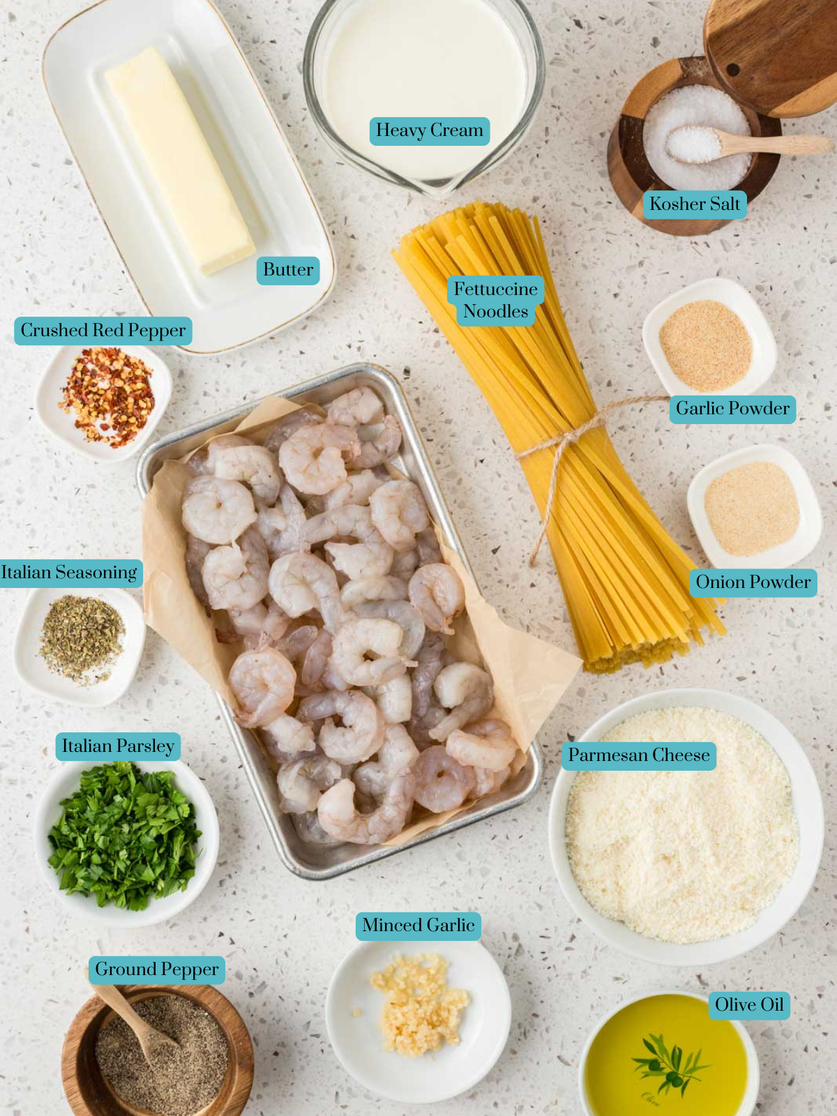 All ingredients for shrimp fettuccine alfredo.