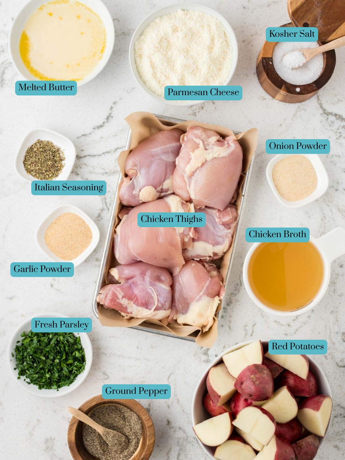 All ingredients for garlic parmesan chicken and potatoes.