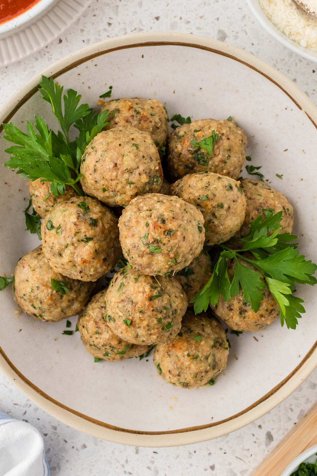 Baked Italian Chicken Meatballs in a serving bowl.