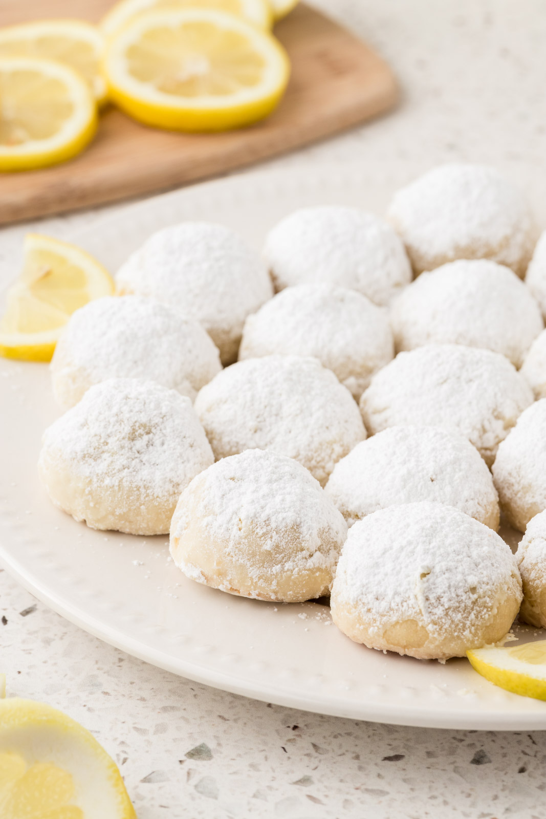 Plate of lemon snowball cookies. 
