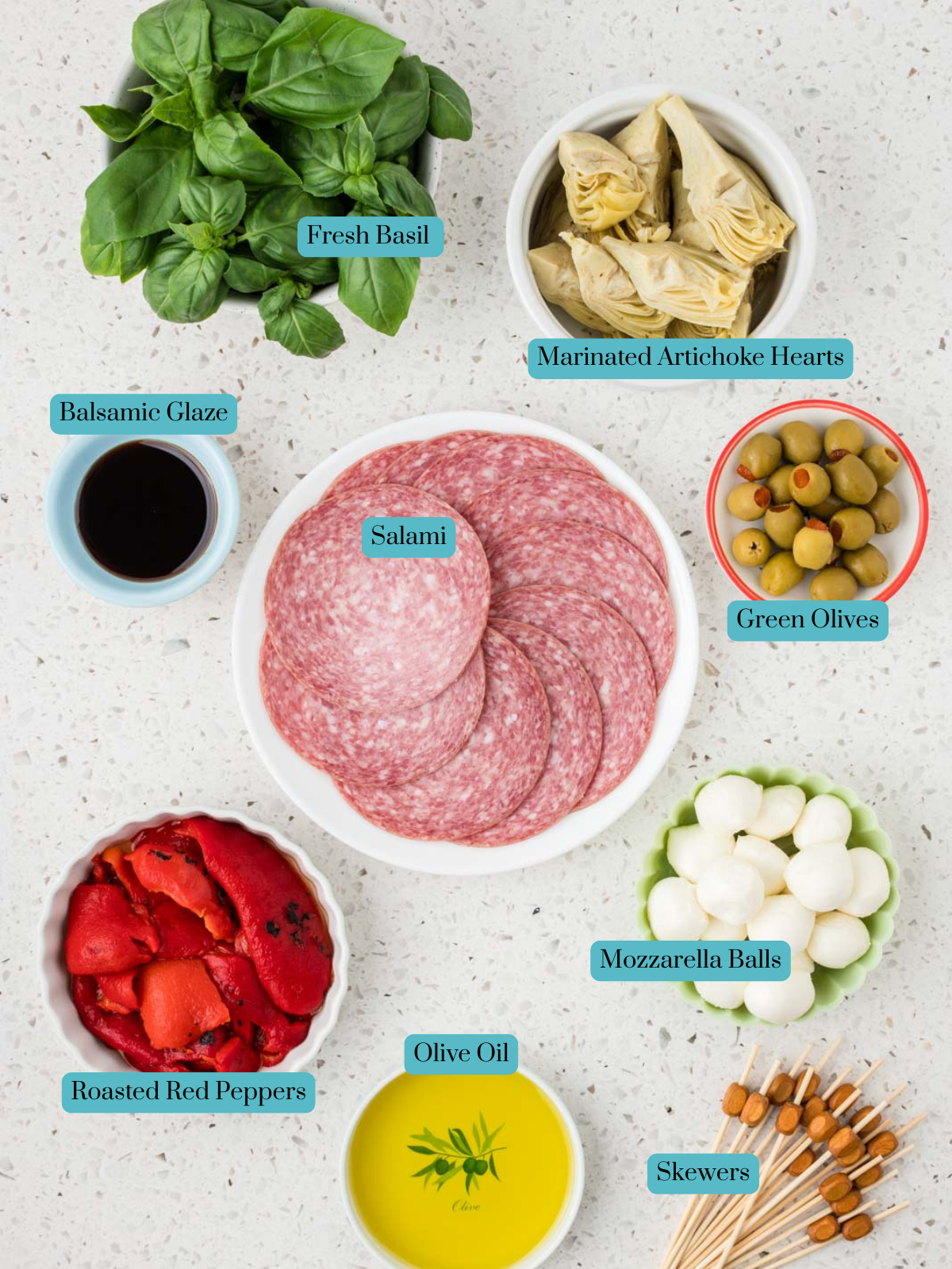 All ingredients for mini antipasto skewers. 
