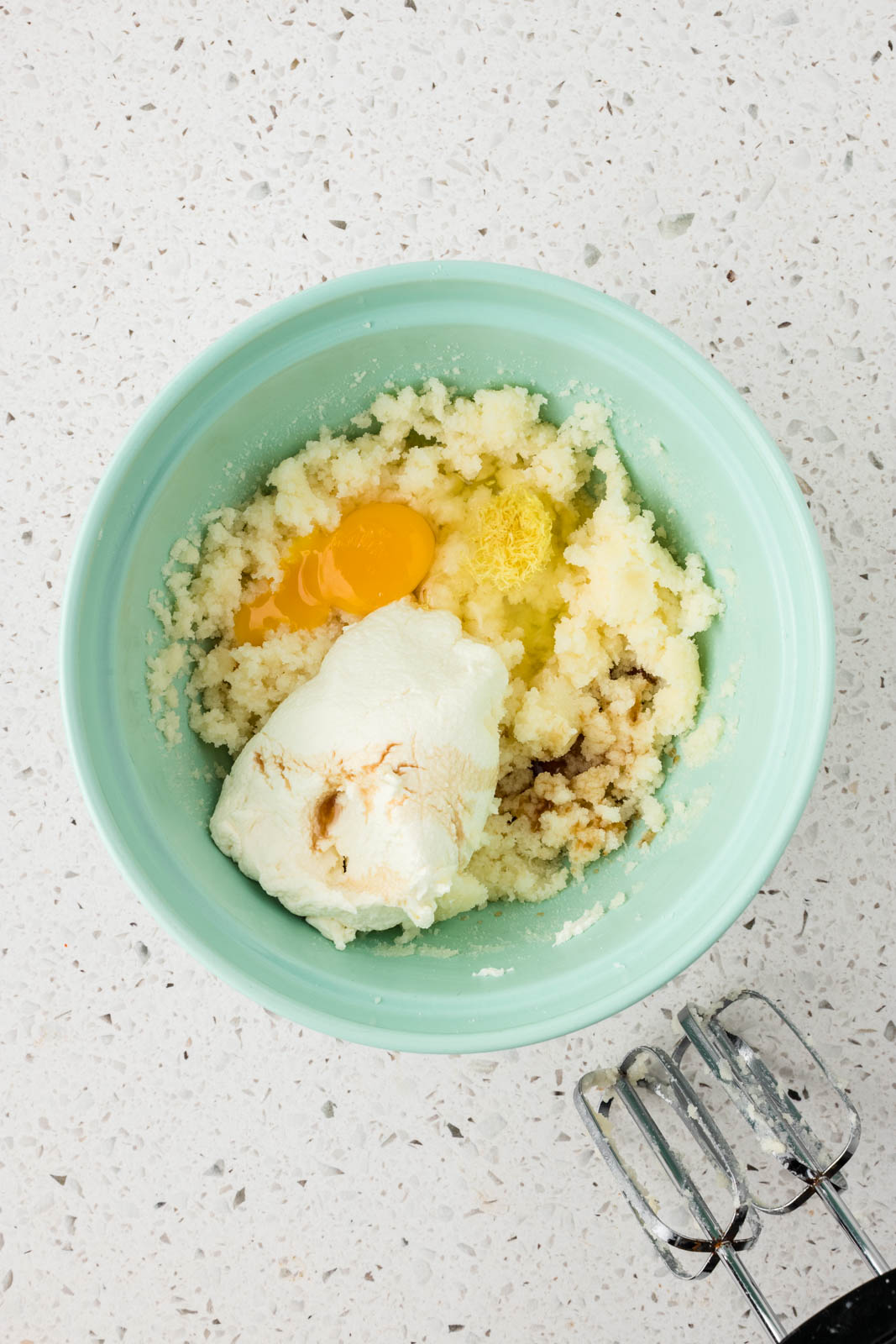 Mixture plus ricotta cheese, egg, vanilla, lemon zest.