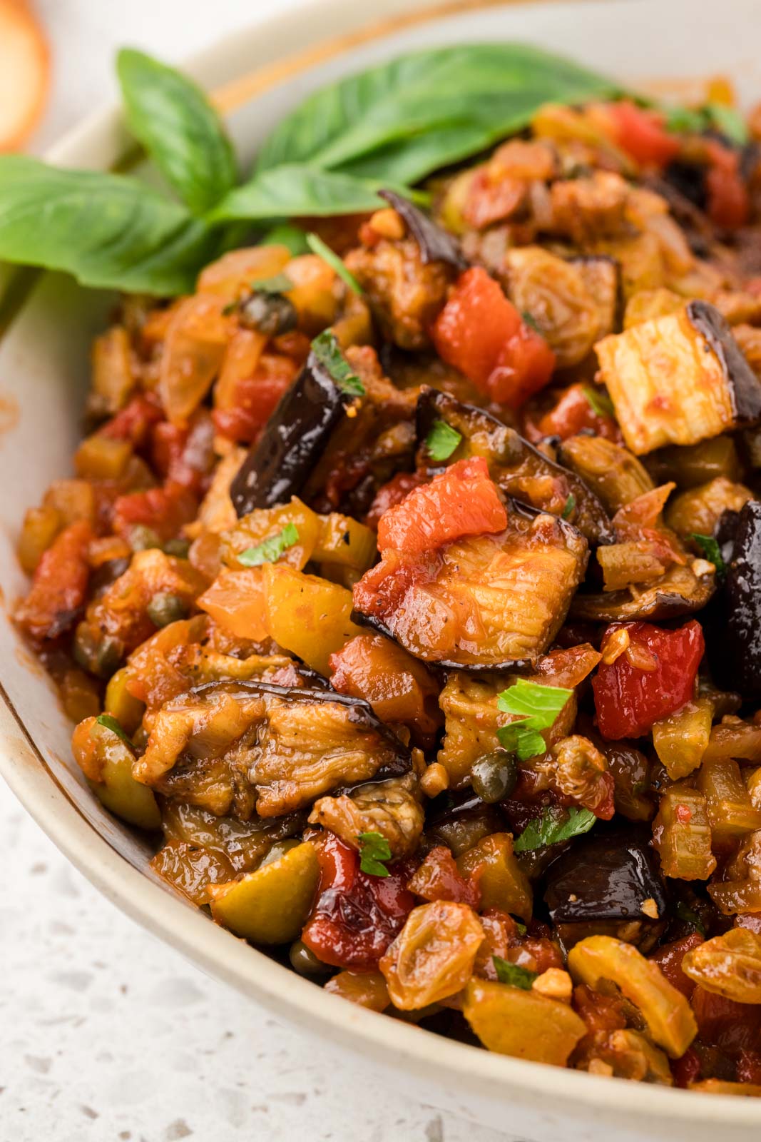 Eggplant caponata in a serving bowl.