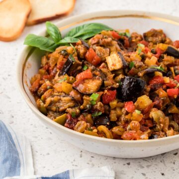 Eggplant caponata in a serving bowl.