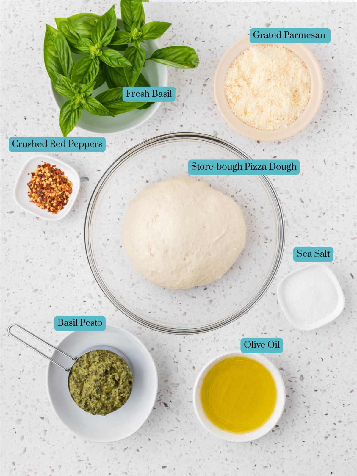 All ingredients for Pesto Focaccia. 