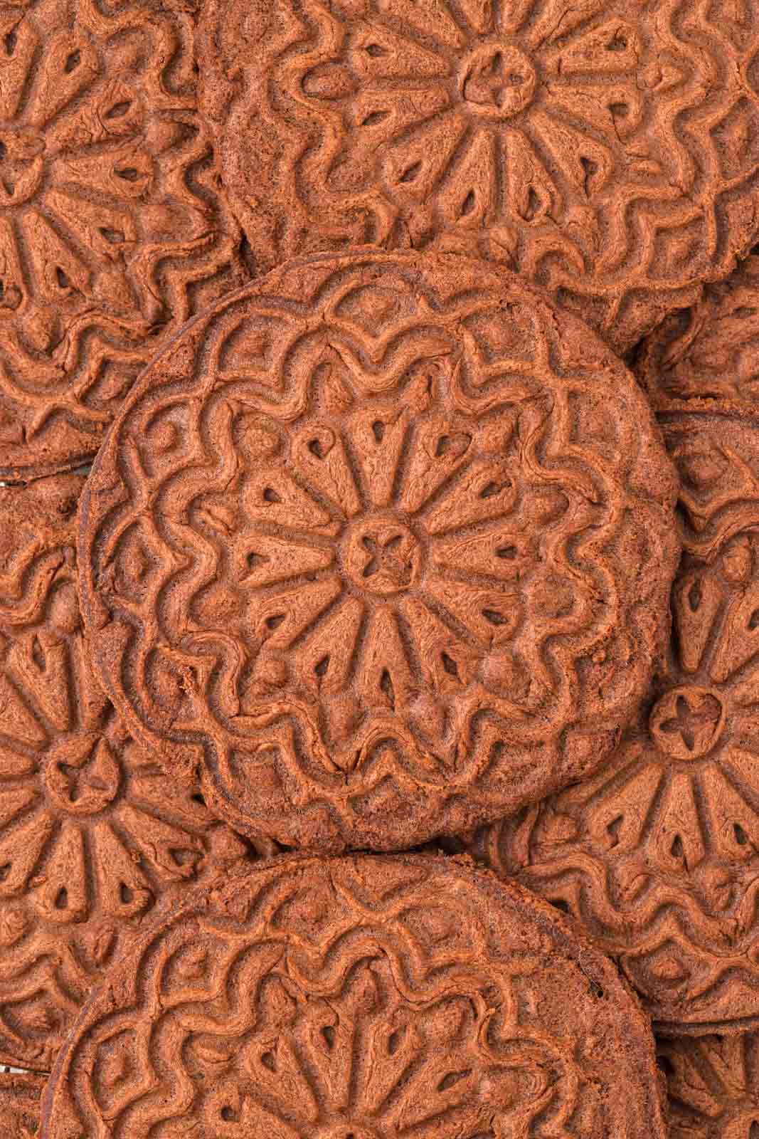 Overhead shot of chocolate pizzelles.