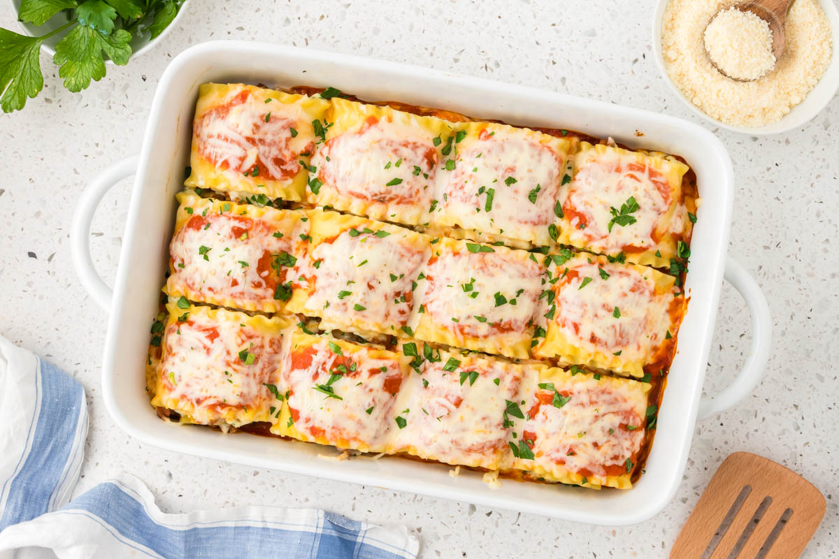 Lasagna rollatini in a baking dish.