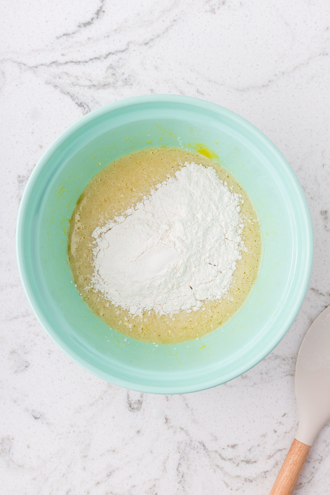 Wet ingredients plus dry ingredients.