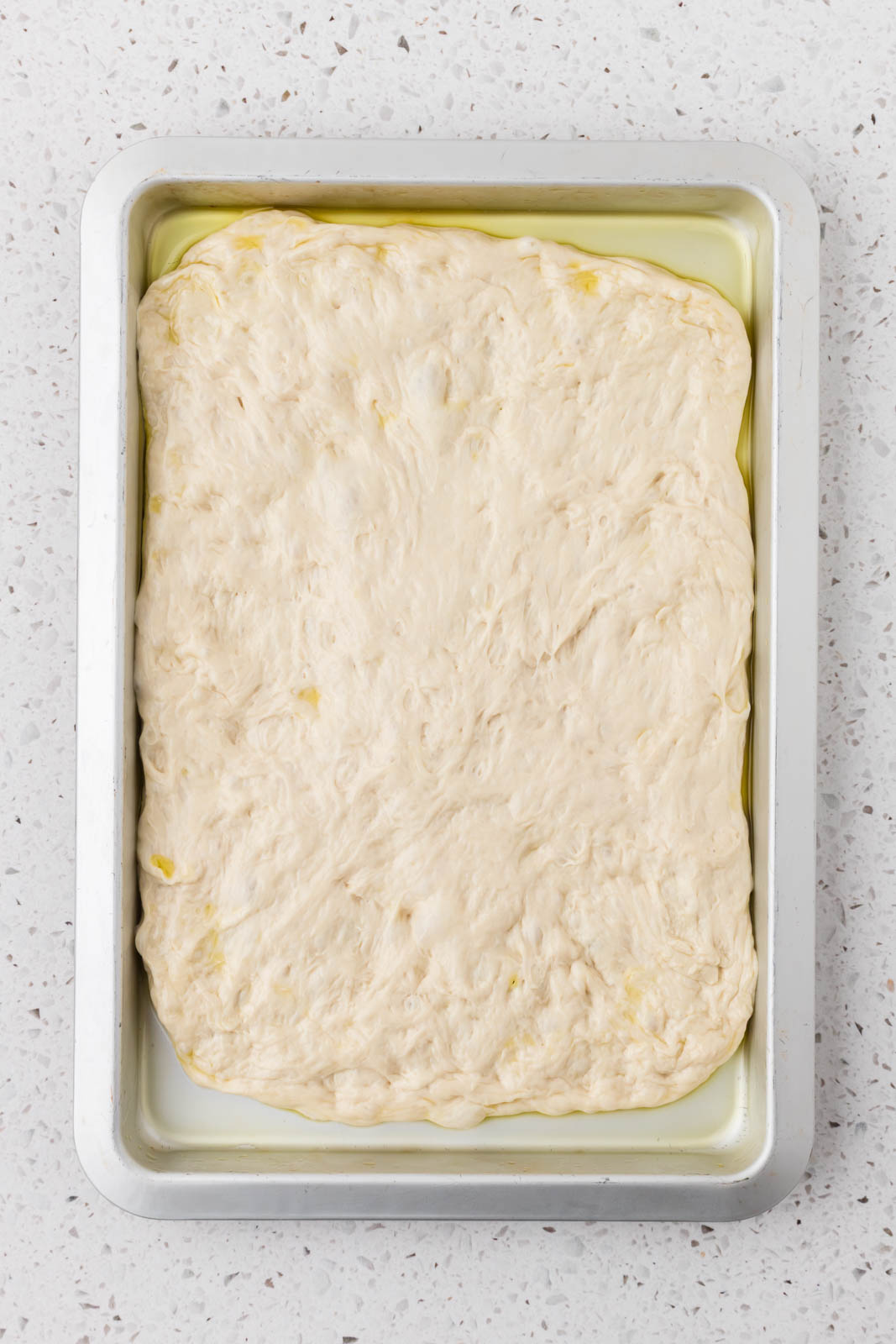 Dough stretched on a 9 x 13 pan.