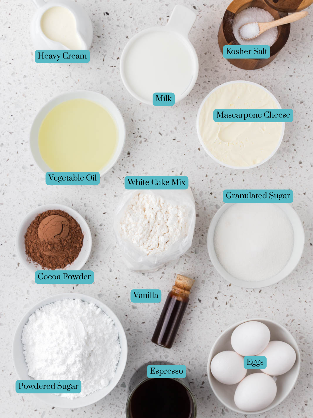 All ingredients for Tiramisu Poke Cake.