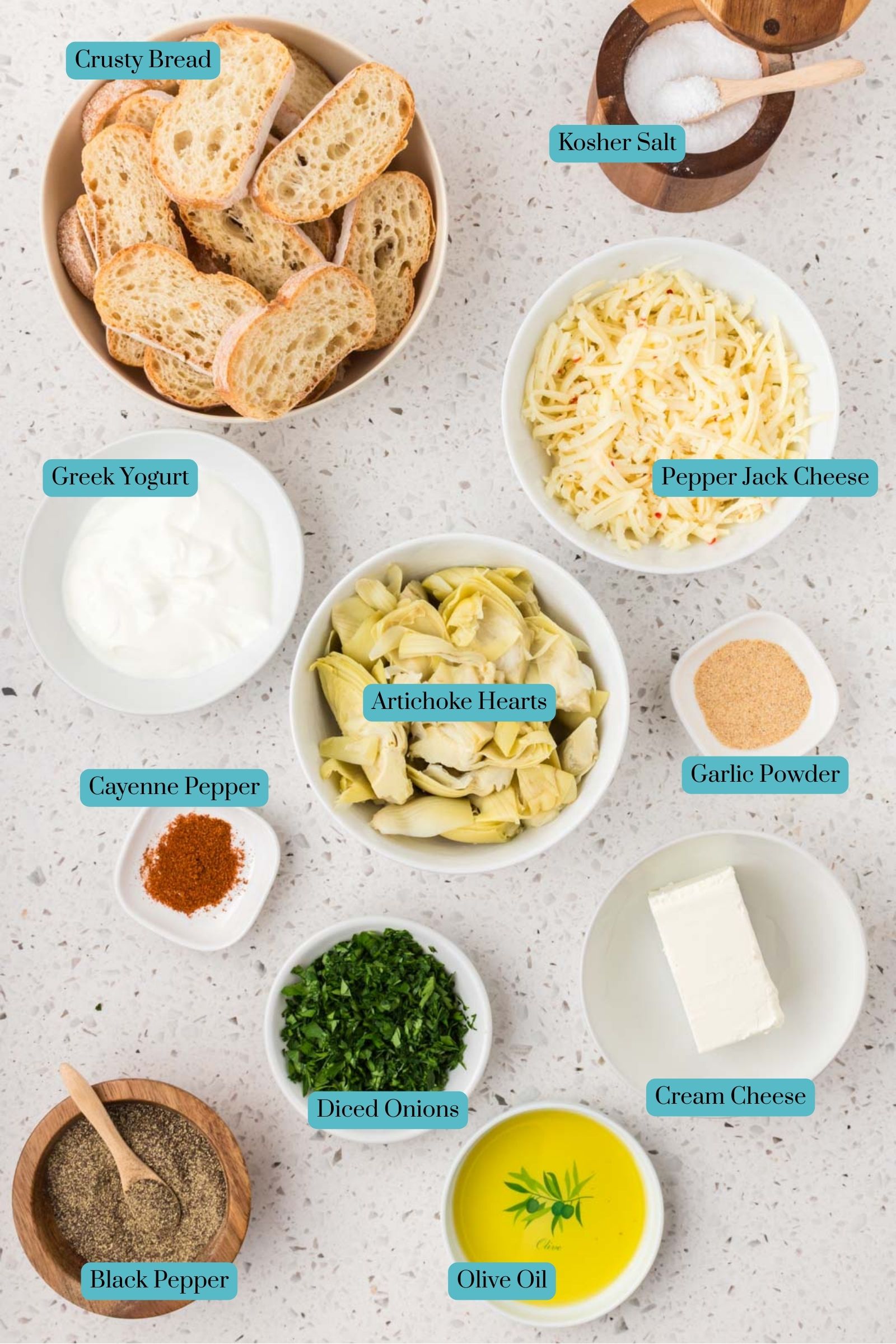 All of the ingredients for artichoke bruschetta.