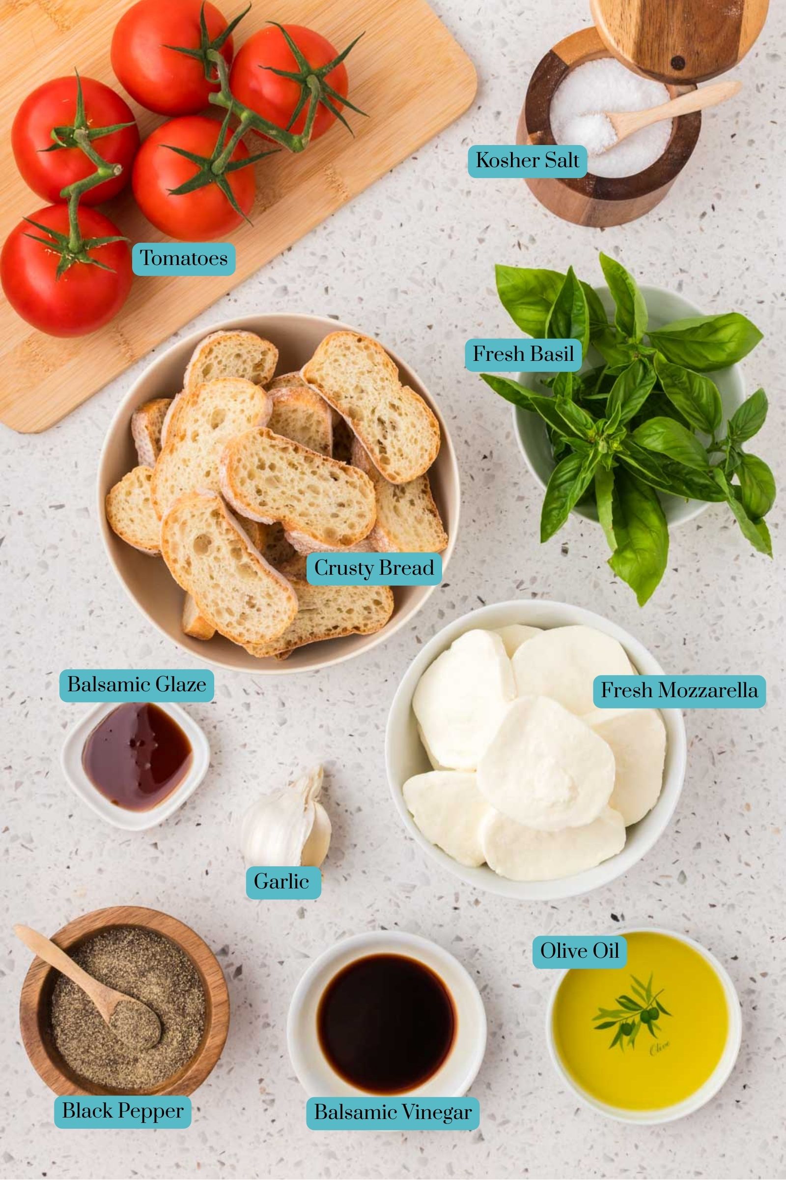 All ingredients for Caprese Bruschetta.