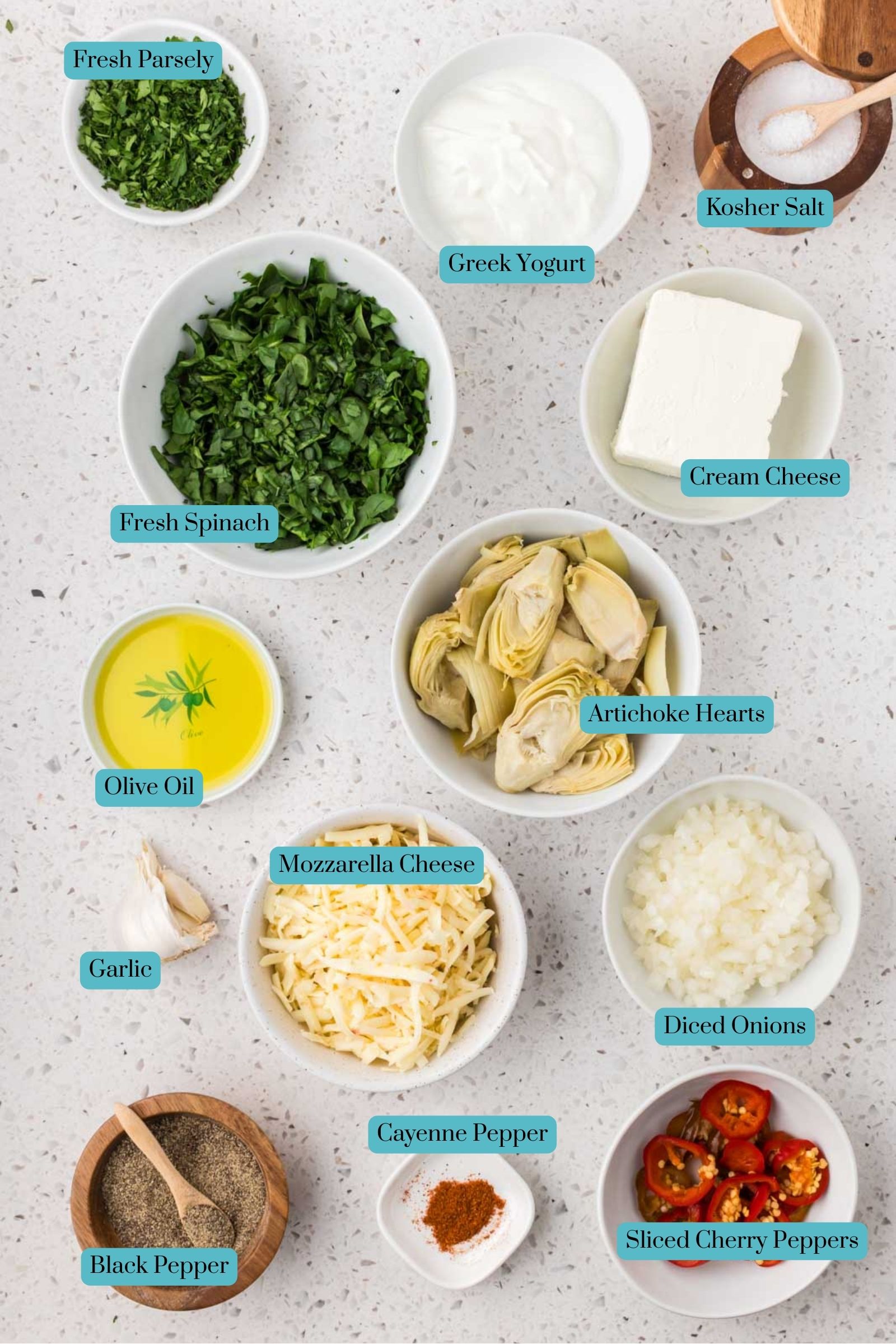 All ingredients in Spicy Spinach Artichoke Dip.