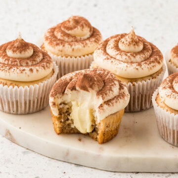 Tiramisu cupcakes on a marble platter