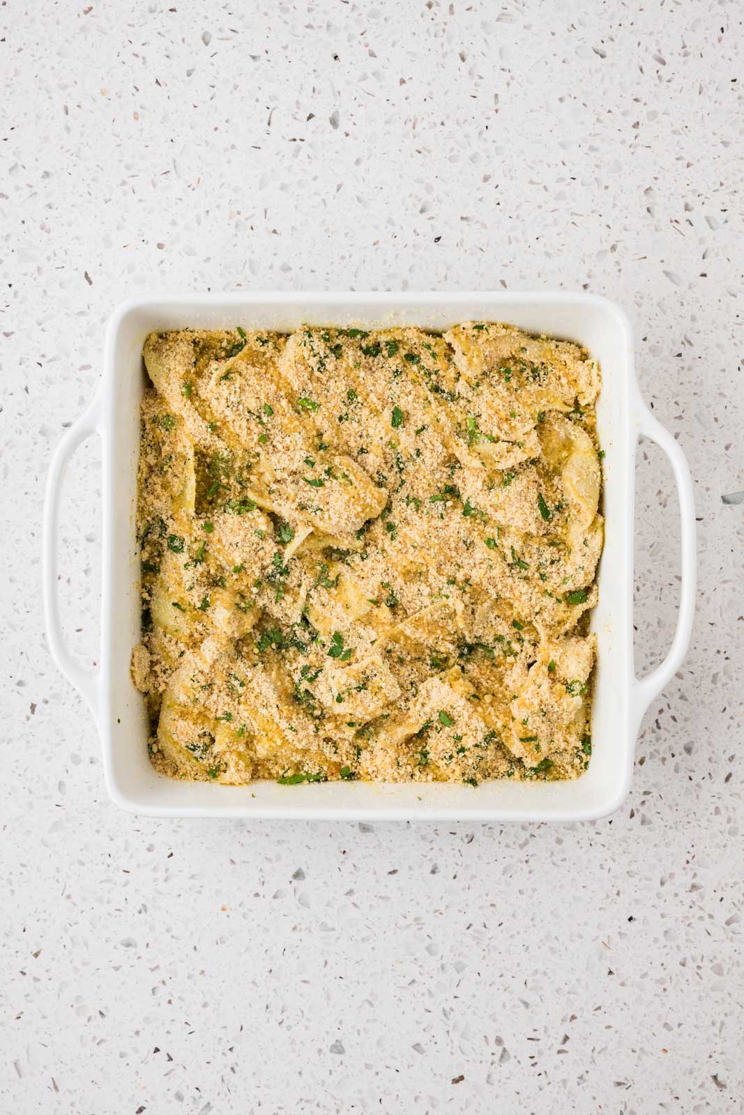 Mixed casserole ingredients in a baking dish. 
