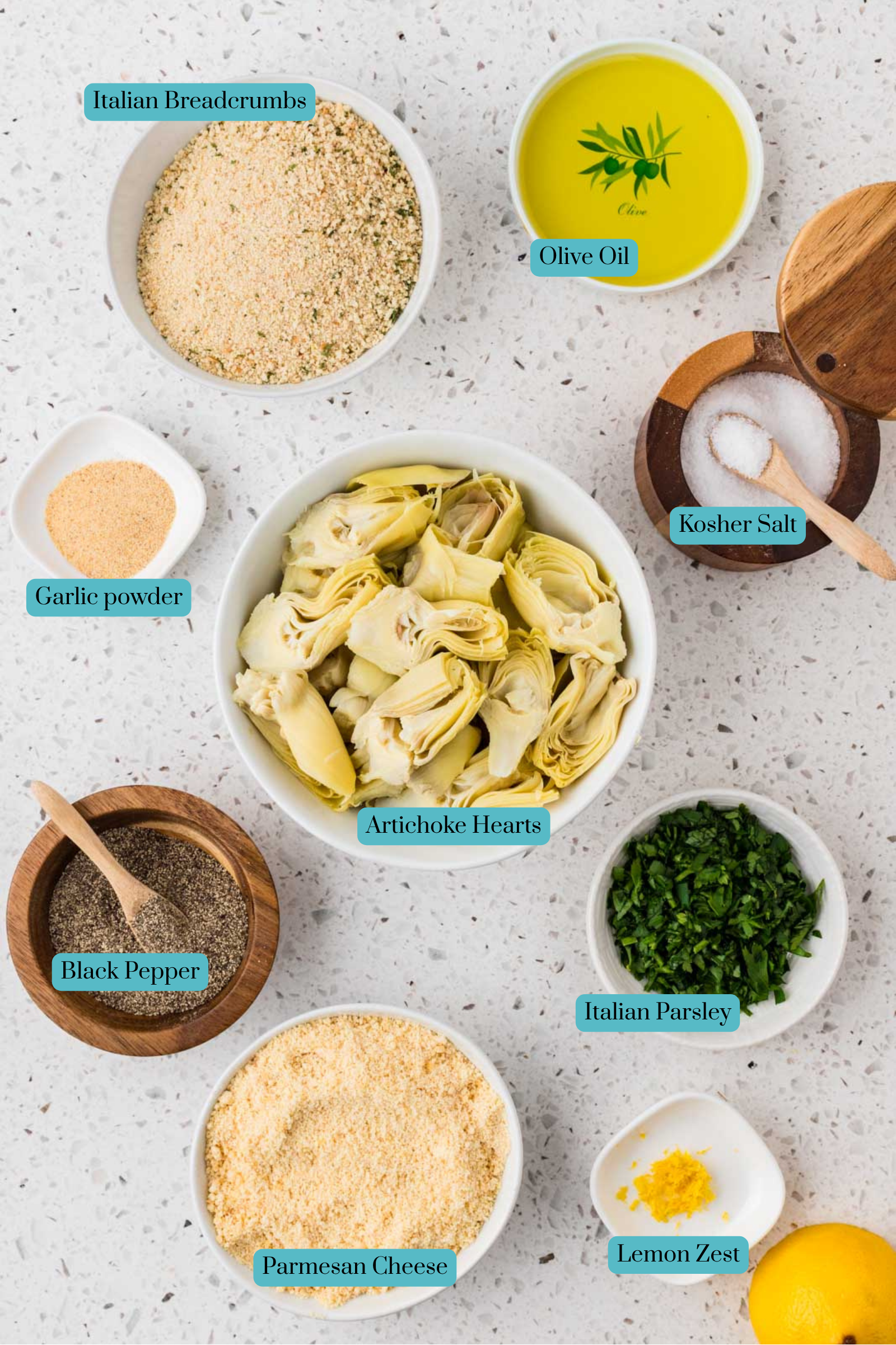 All of the ingredients for Stuffed Artichoke Casserole. 