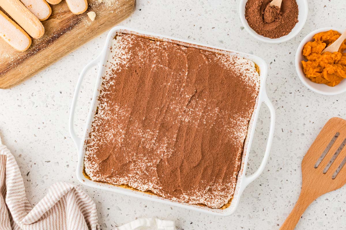 Pumpkin tiramisu on the countertop. 