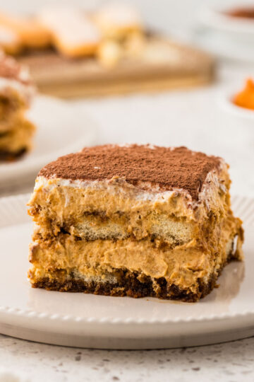 Pumpkin tiramisu on a plate.